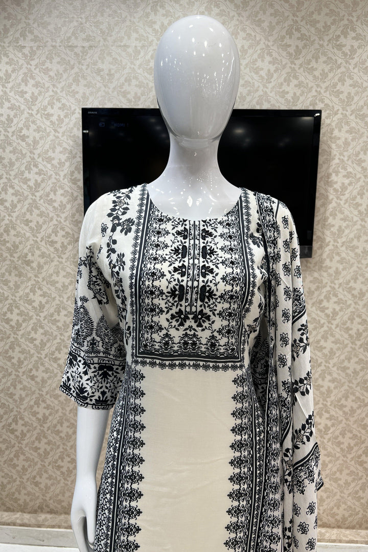 Cream with Black Digital Print, Pearl and Sequins work Straight Cut Salwar Suit - Seasons Chennai