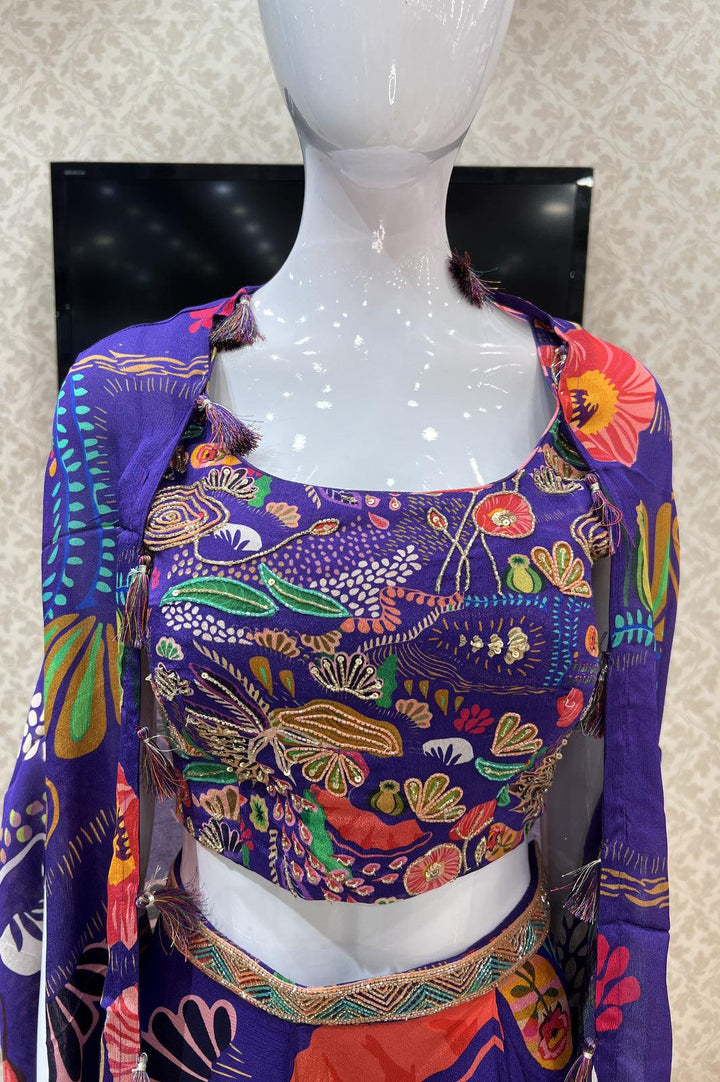 Purple Beads and Sequins work with Digital Print Overcoat and Dhoti Styled Crop Top Set - Seasons Chennai