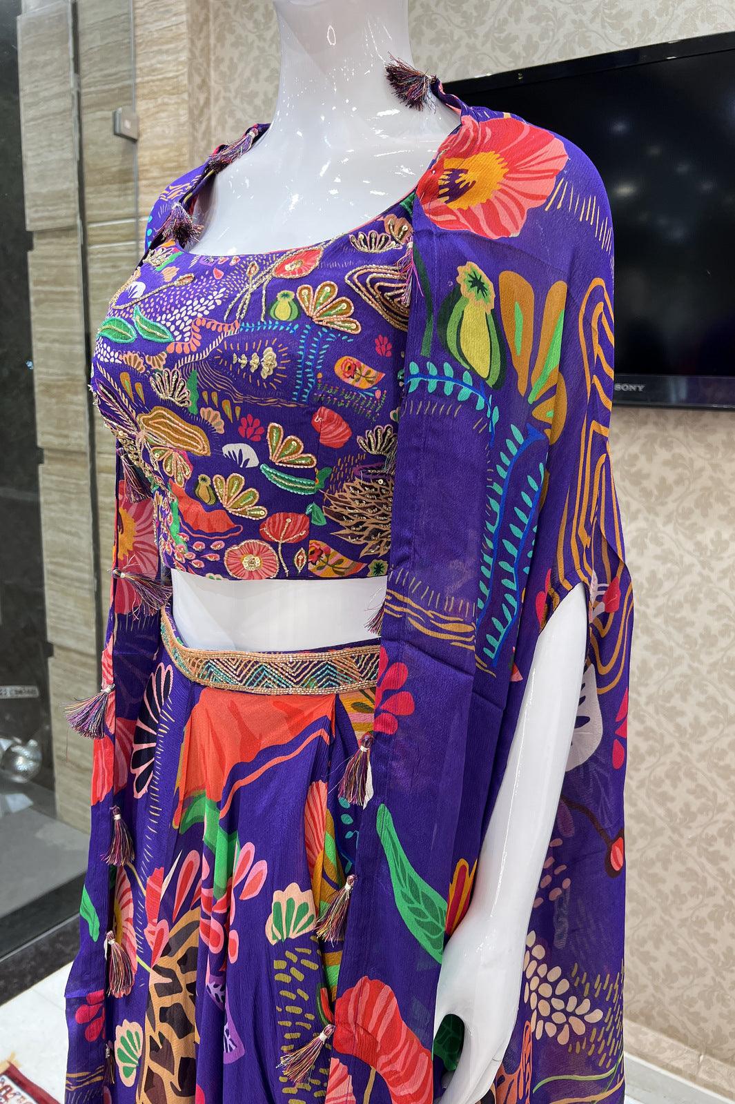 Purple Beads and Sequins work with Digital Print Overcoat and Dhoti Styled Crop Top Set - Seasons Chennai