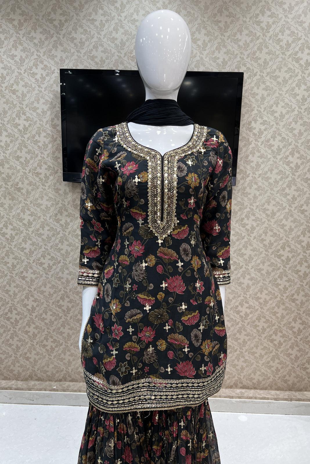 Black Sequins, Beads and Zari work with Floral Print Sharara Salwar Suit - Seasons Chennai