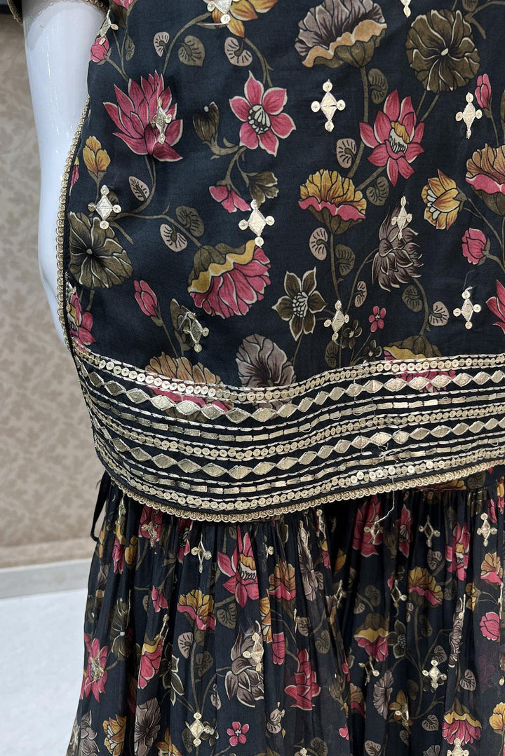 Black Sequins, Beads and Zari work with Floral Print Sharara Salwar Suit - Seasons Chennai
