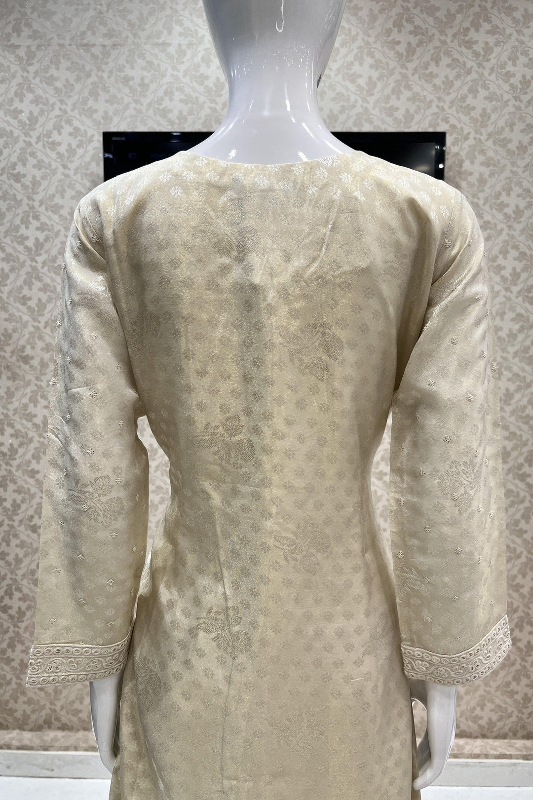 Golden Beige Thread and Sequins work Straight Cut Salwar Suit with Digital Print Dupatta - Seasons Chennai