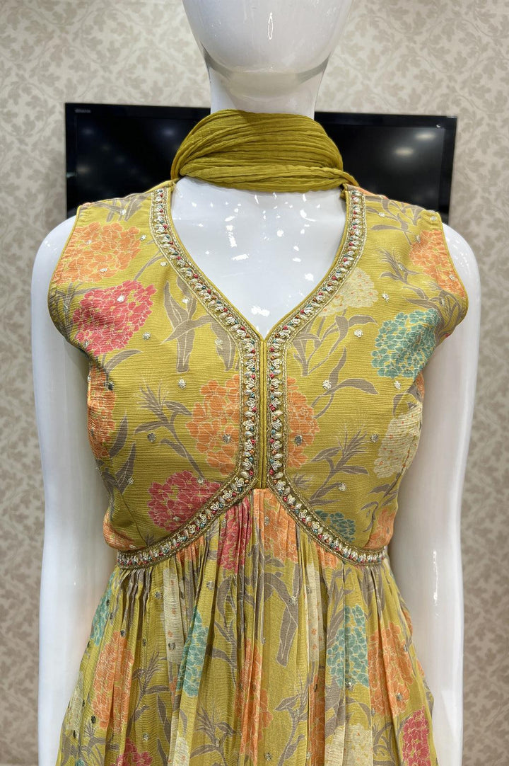 Yellow Digital Print, Beads and Sequins work Alia Cut Peplum Top with Sharara Suit Set - Seasons Chennai