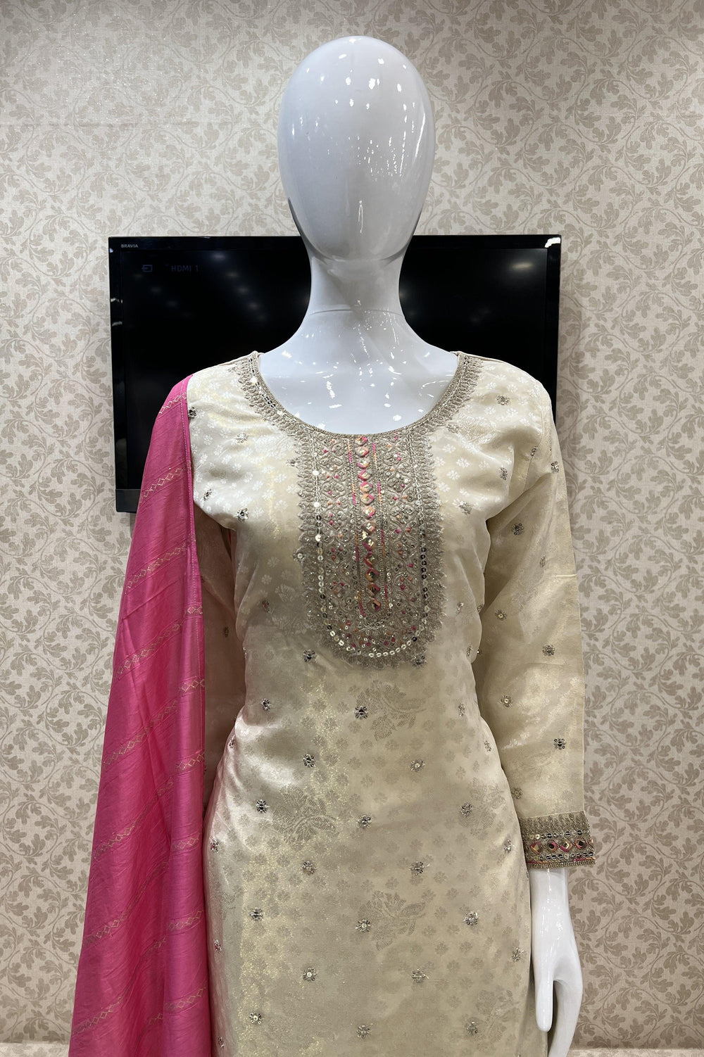 Golden Beige Zari Thread and Sequins work Straight Cut Salwar Suit - Seasons Chennai