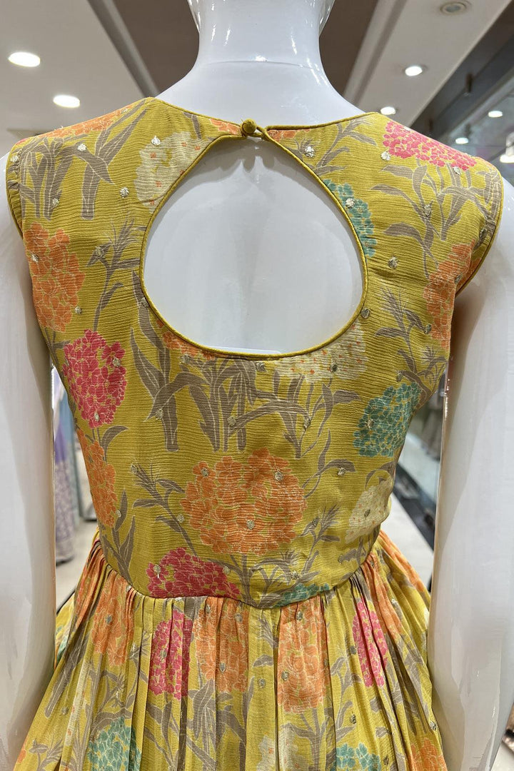 Yellow Digital Print, Beads and Sequins work Alia Cut Peplum Top with Sharara Suit Set - Seasons Chennai