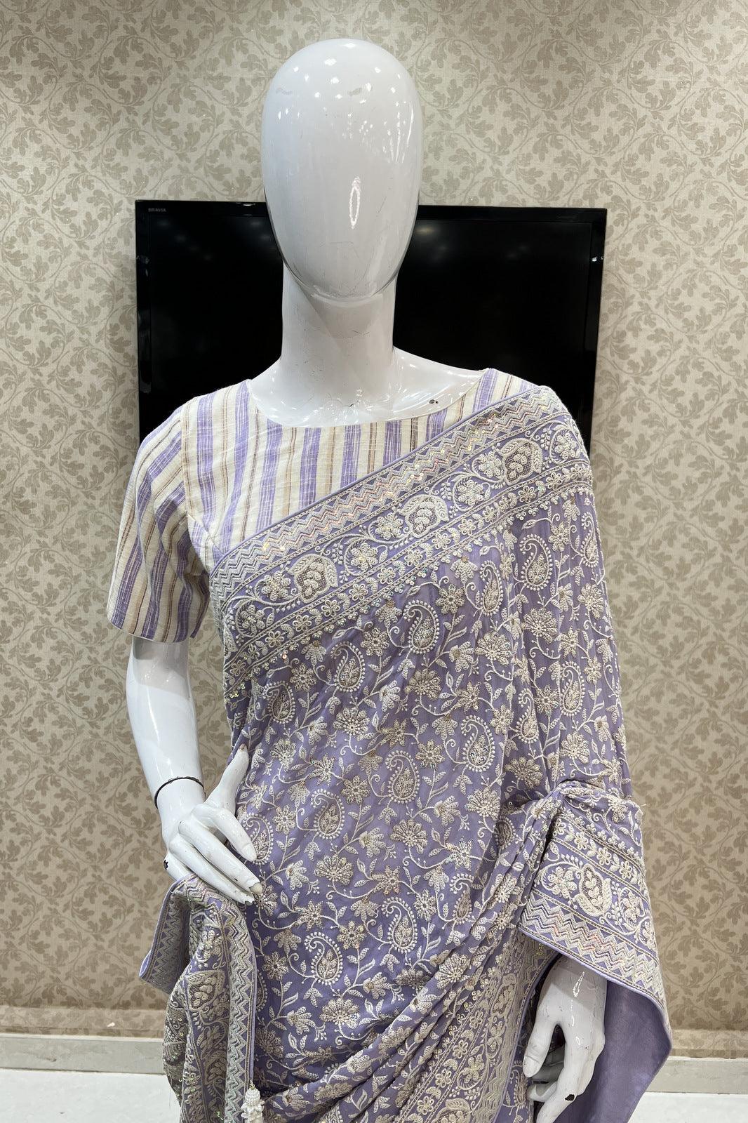 Lavender Embroidery and Sequins work Saree with Matching Unstitched Blouse - Seasons Chennai