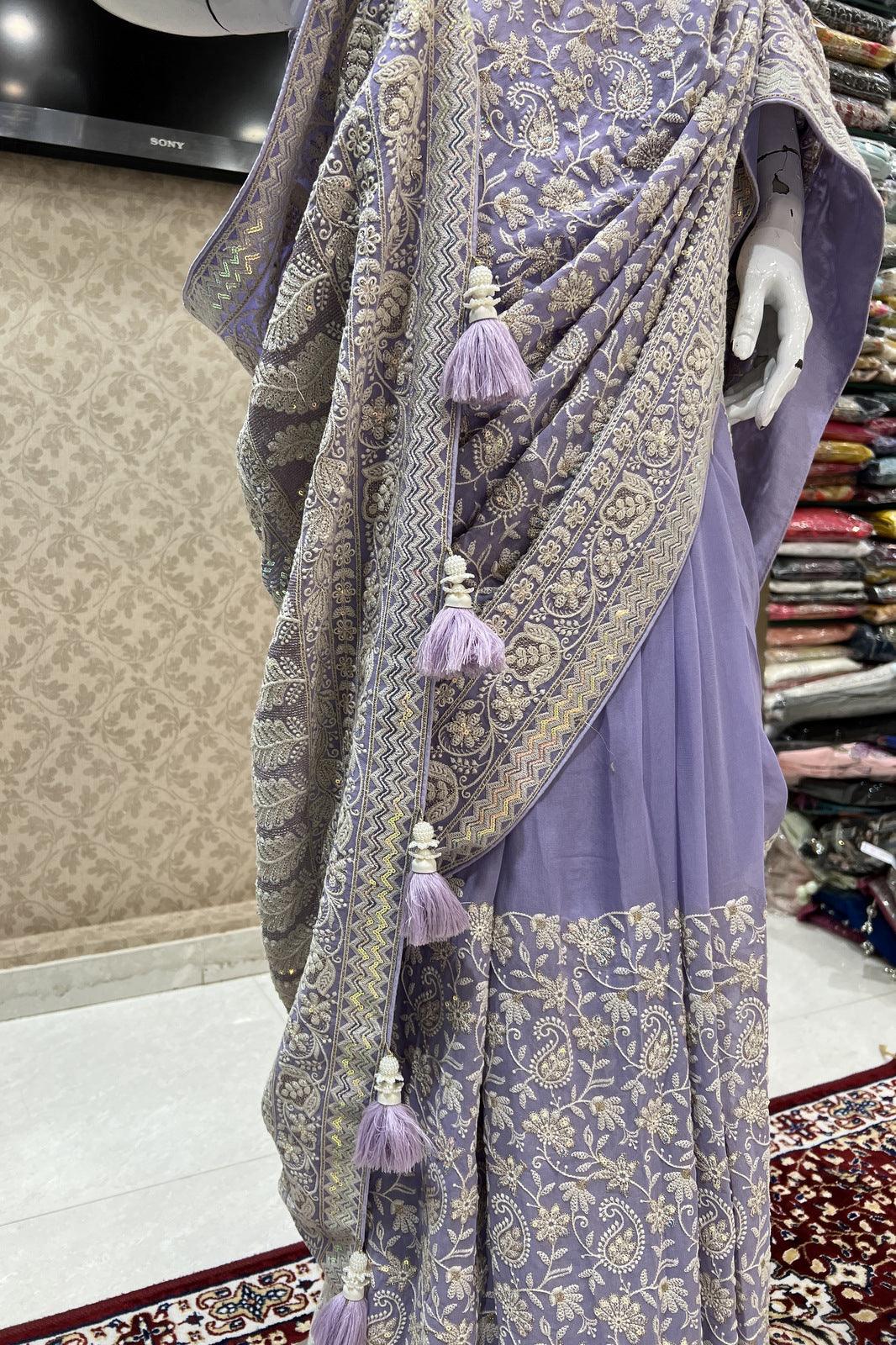 Lavender Embroidery and Sequins work Saree with Matching Unstitched Blouse - Seasons Chennai
