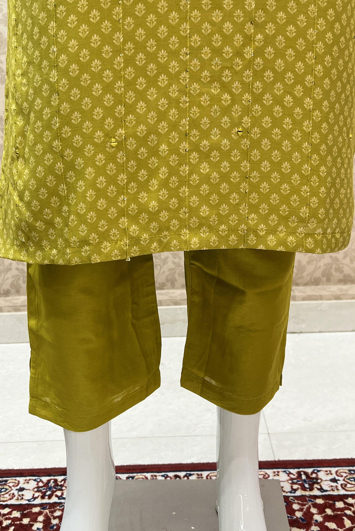 Lemon Green Printed, Mirror, Stone and Thread work Straight Cut Salwar Suit - Seasons Chennai