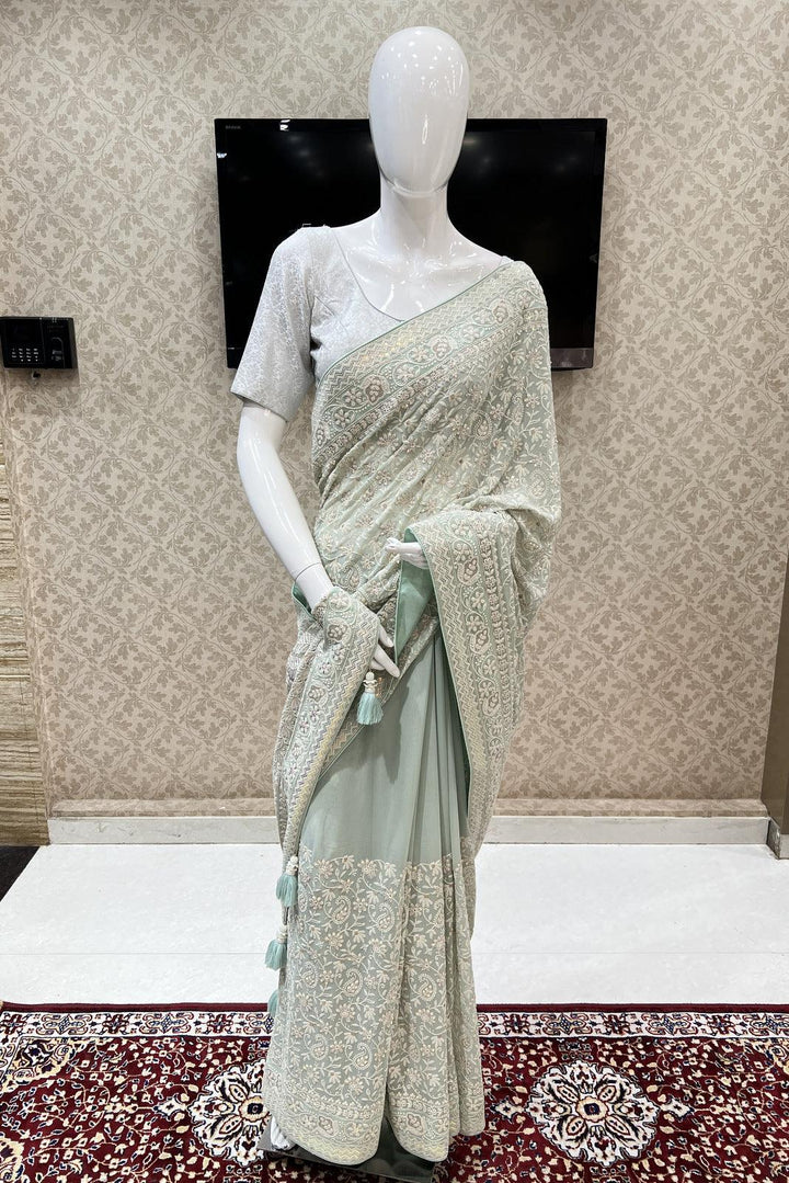 Light Pista Green Embroidery and Sequins work Saree with Matching Unstitched Blouse - Seasons Chennai