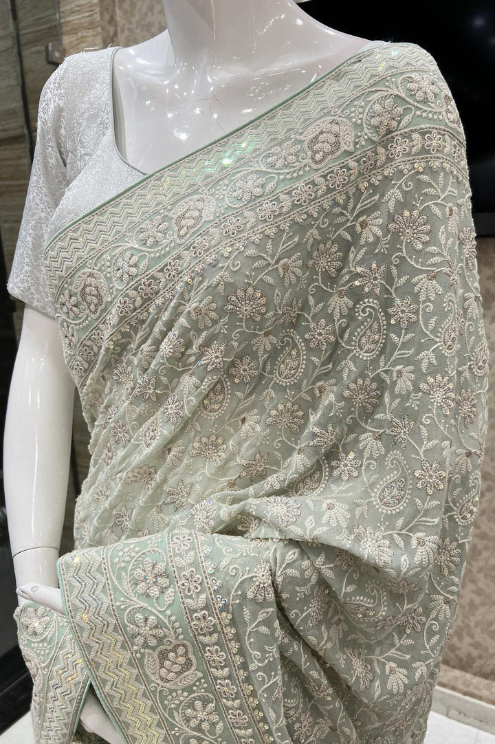 Light Pista Green Embroidery and Sequins work Saree with Matching Unstitched Blouse - Seasons Chennai
