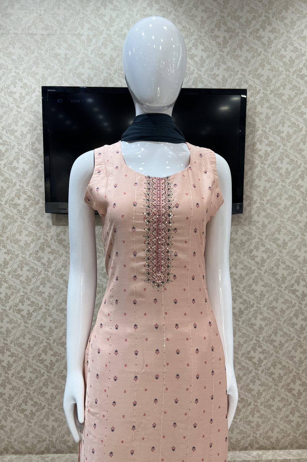 Peach Sequins, Stone, Beads and Thread work with Digital Print Straight Cut Salwar Suit - Seasons Chennai