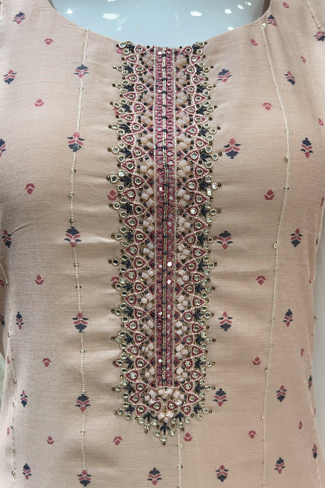 Peach Sequins, Stone, Beads and Thread work with Digital Print Straight Cut Salwar Suit - Seasons Chennai