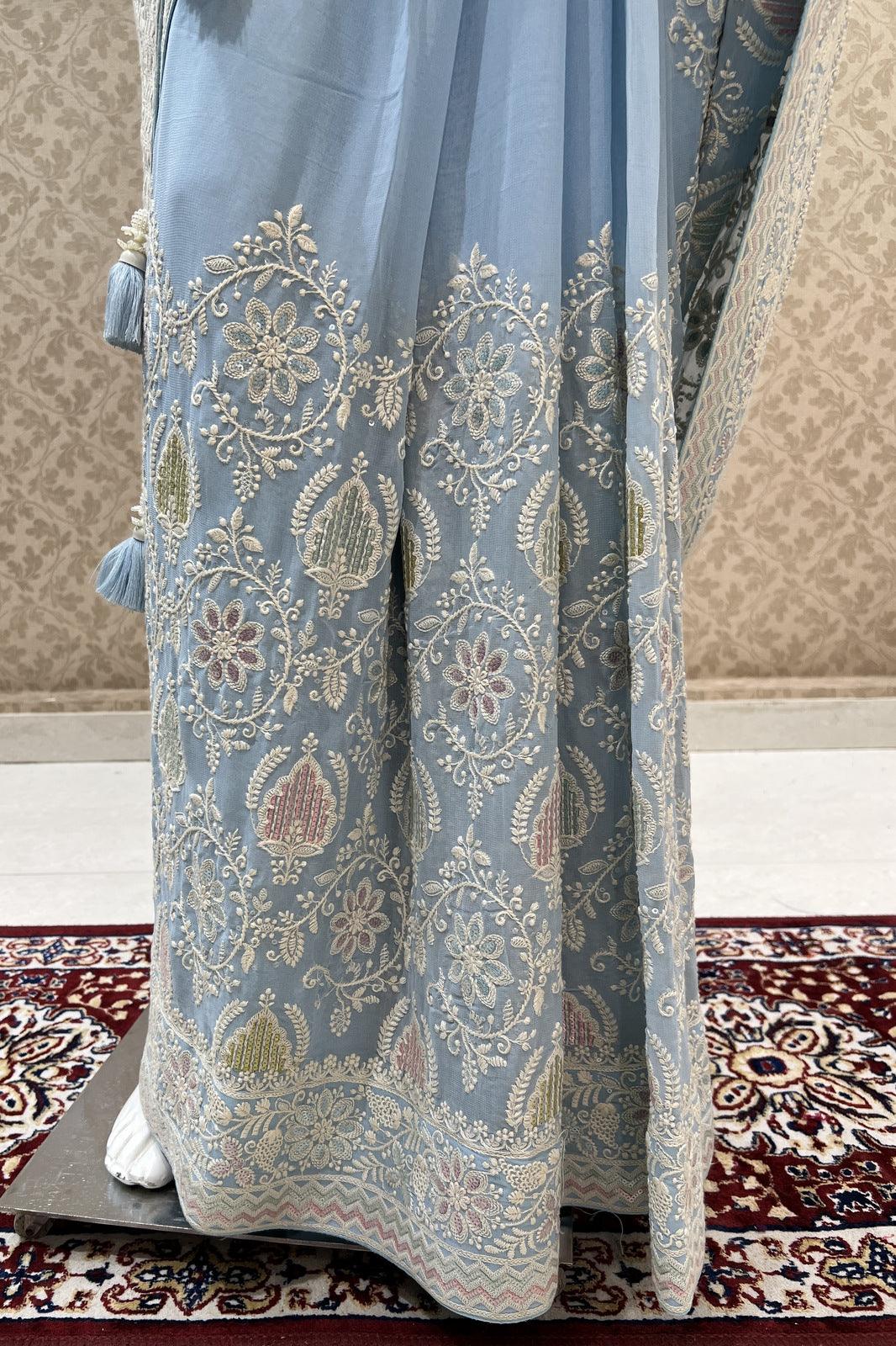 Sky Blue Embroidery and Sequins work Saree with Matching Unstitched Blouse - Seasons Chennai