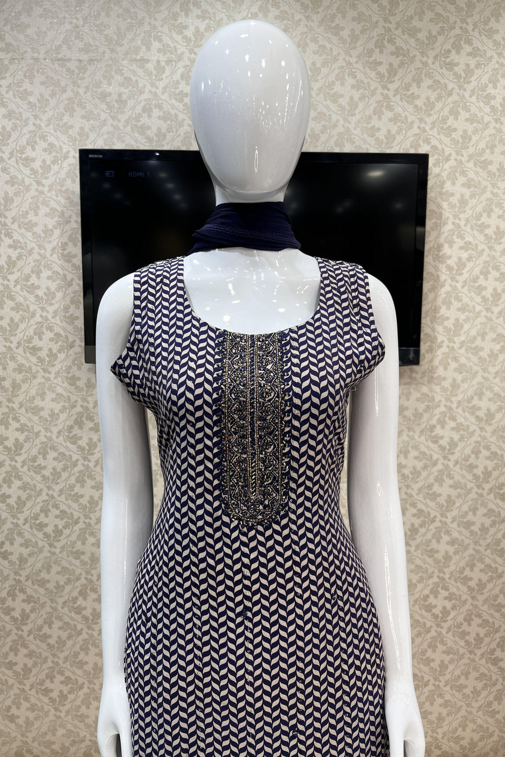 Navy Blue Mirror, Thread, Stone and Zari work with Digital Print Straight Cut Salwar Suit - Seasons Chennai