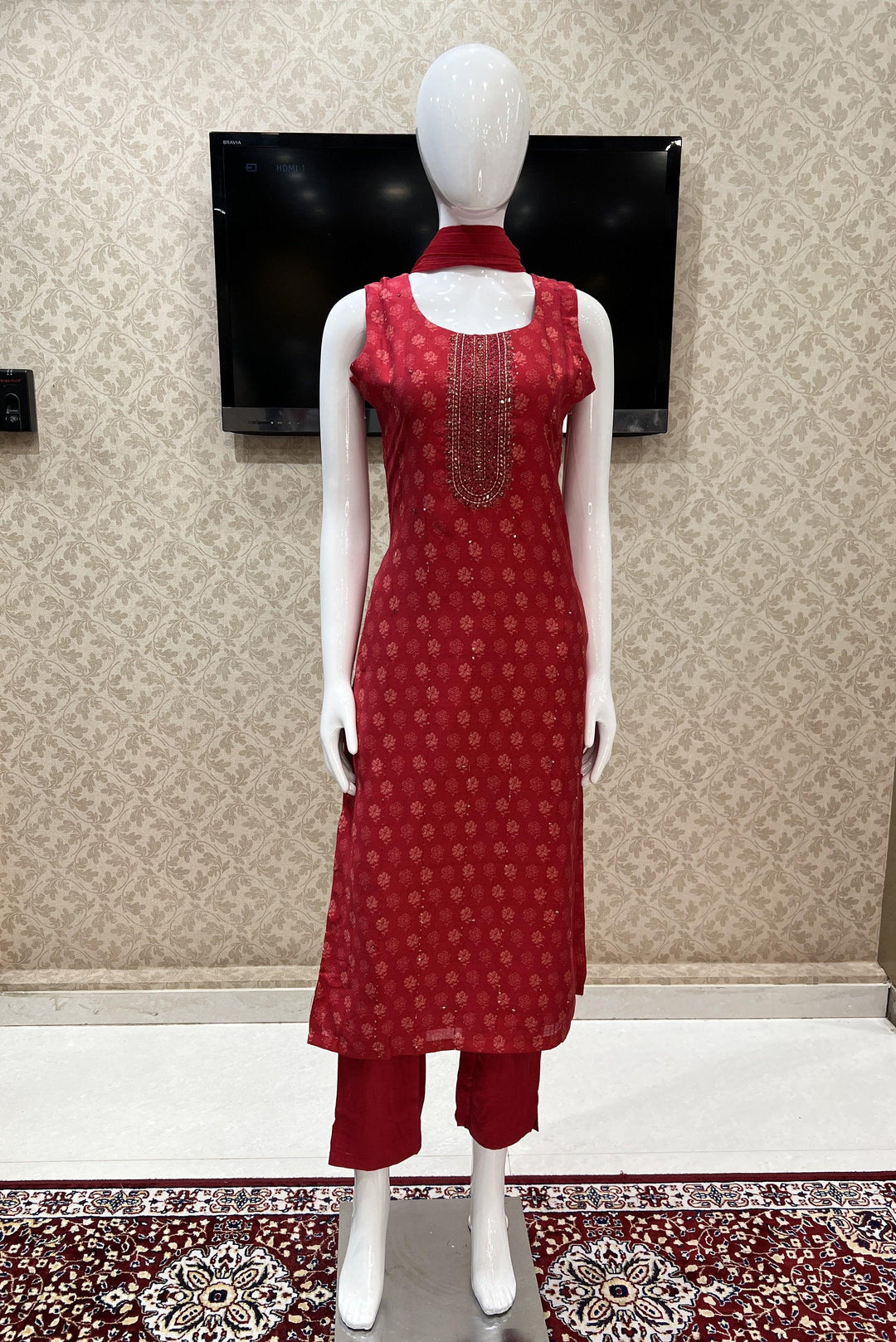 Rani Pink Printed, Mirror, Thread, Sequins and Stone work Straight Cut Salwar Suit - Seasons Chennai