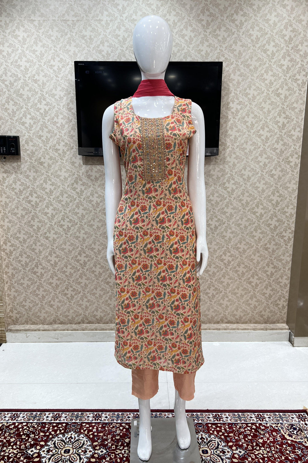 Peach Digital Print, Mirror, Thread, Stone and Sequins work Straight Cut Salwar Suit - Seasons Chennai