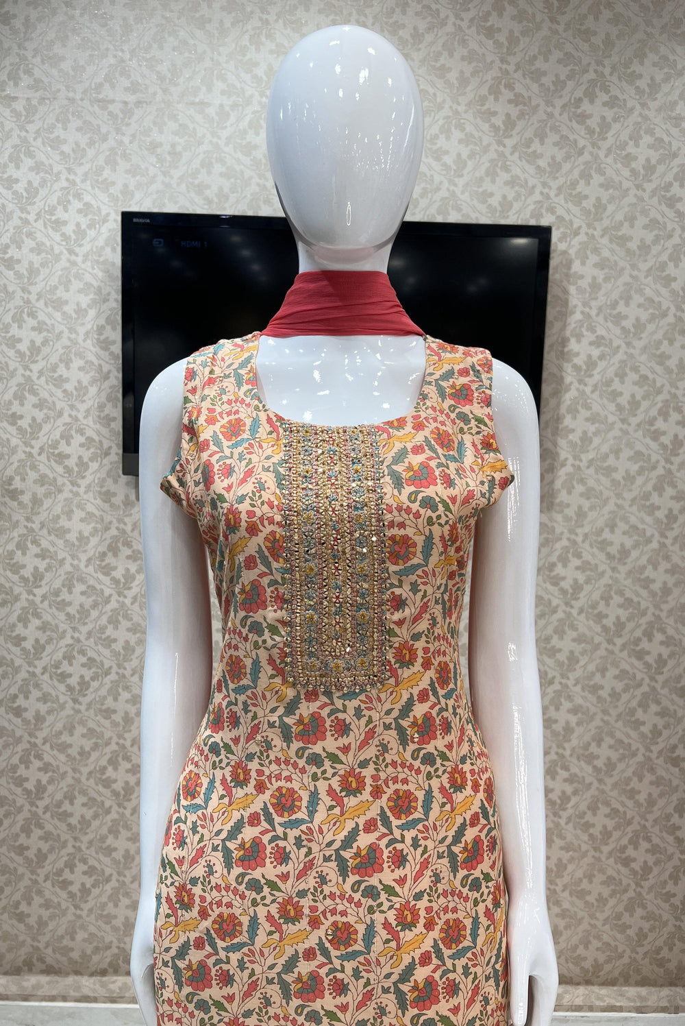 Peach Digital Print, Mirror, Thread, Stone and Sequins work Straight Cut Salwar Suit - Seasons Chennai