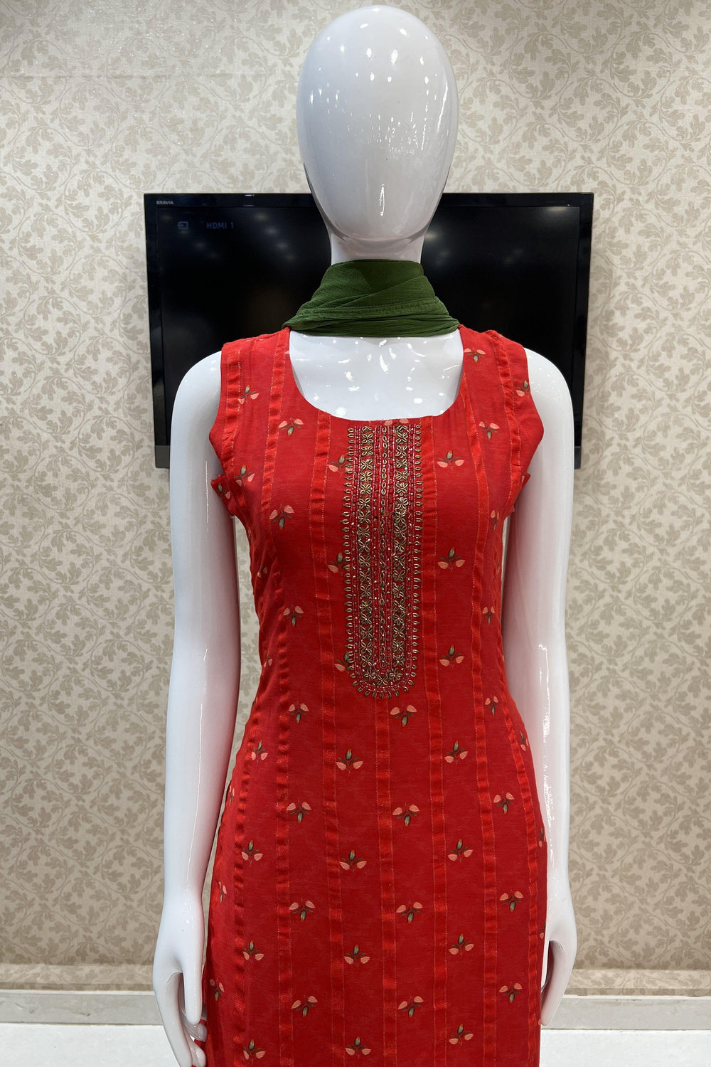 Red Printed, Zardozi, Sequins, Thread and Stone work Straight Cut Salwar Suit - Seasons Chennai