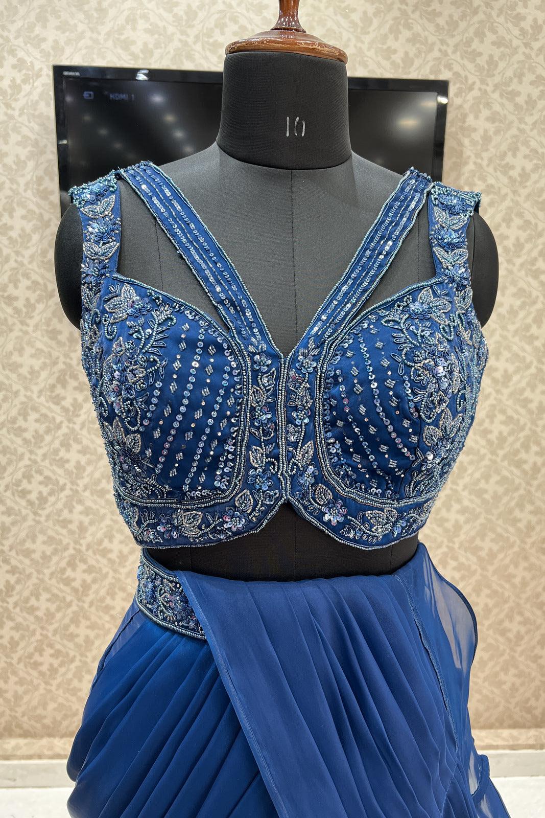 Peacock Blue Readymade Saree and Readymade Sequins and Beads work Designer Blouse - Seasons Chennai