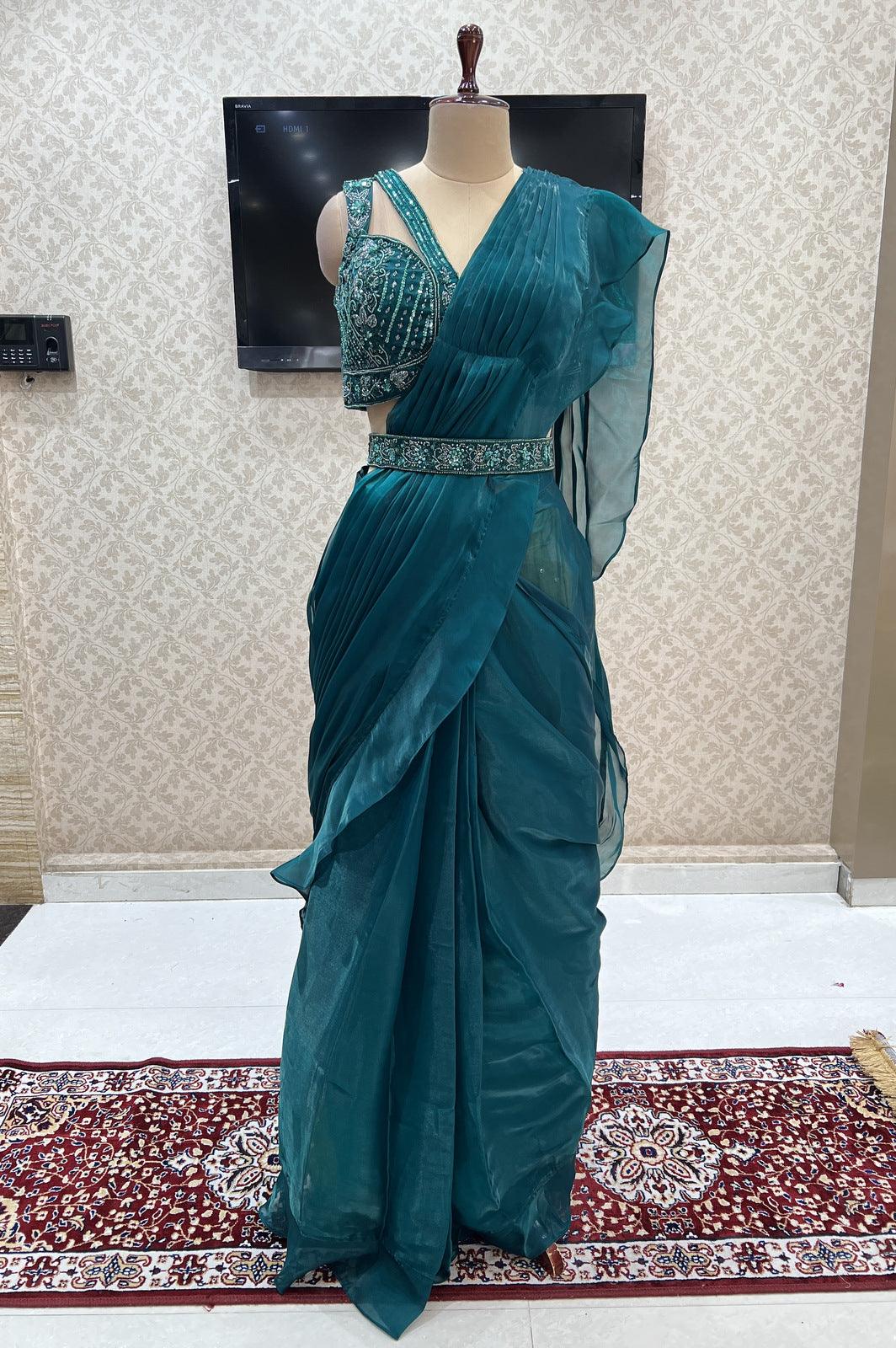Bottle Green Readymade Saree and Readymade Sequins and Beads work Designer Blouse - Seasons Chennai