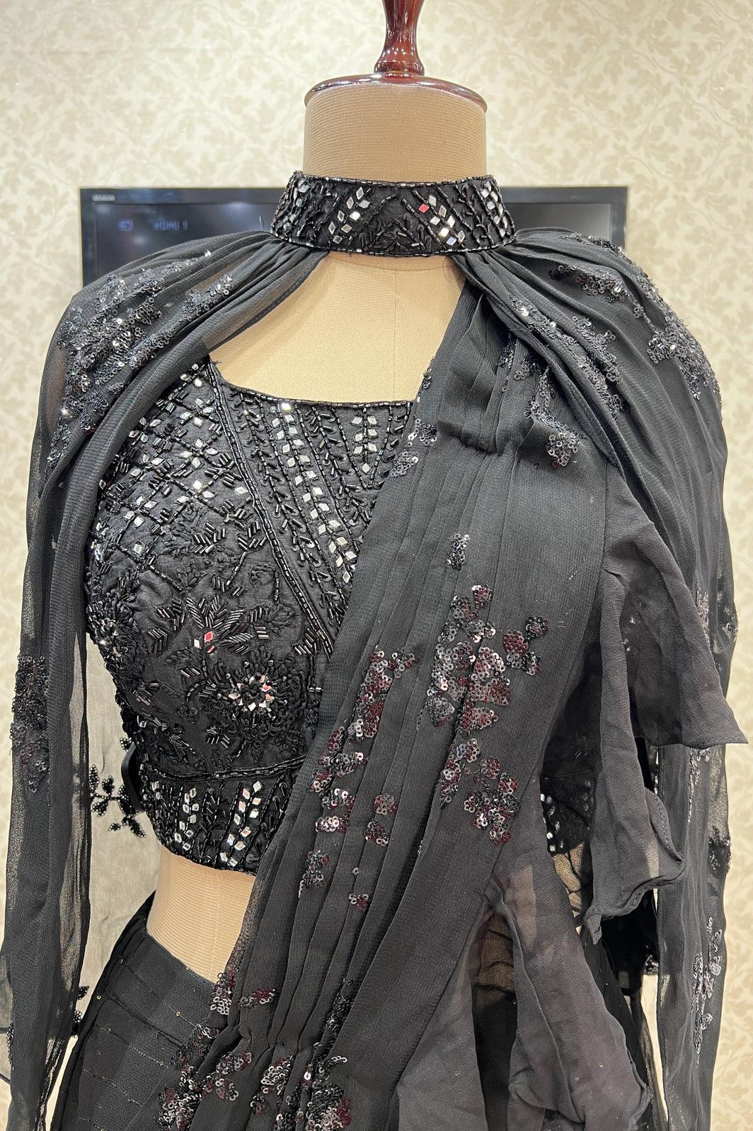 Black Readymade Fancy Saree and Readymade Blouse with Designer Poncho - Seasons Chennai