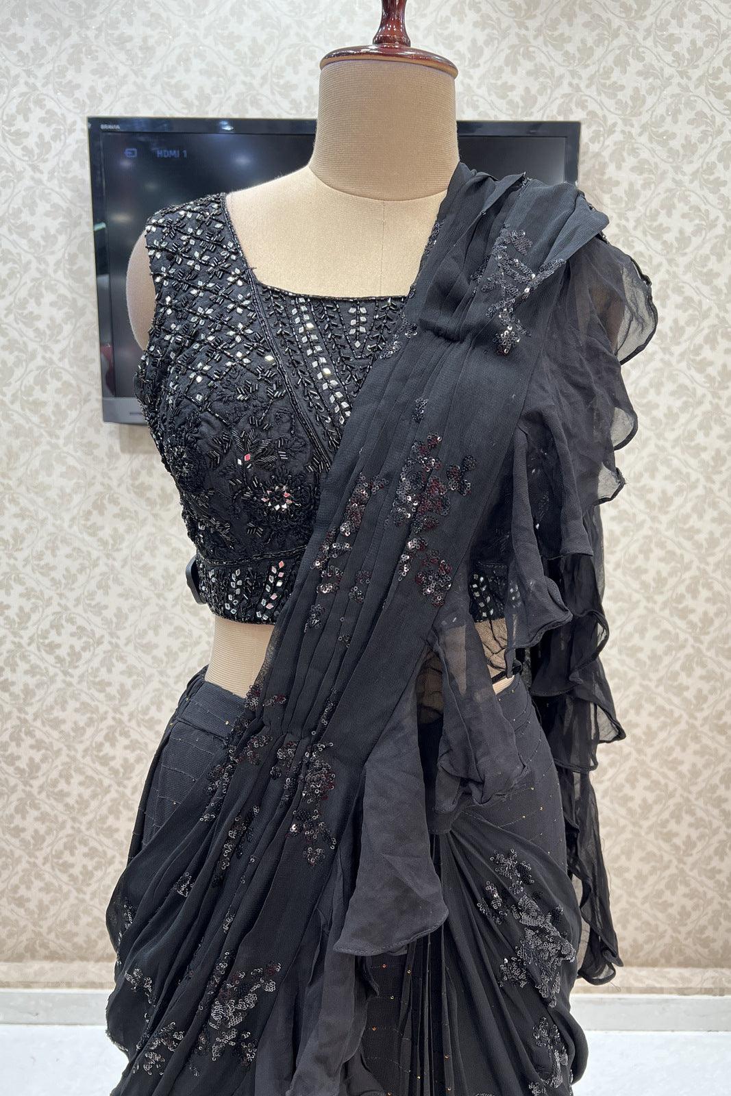 Black Readymade Fancy Saree and Readymade Blouse with Designer Poncho –  Seasons Chennai