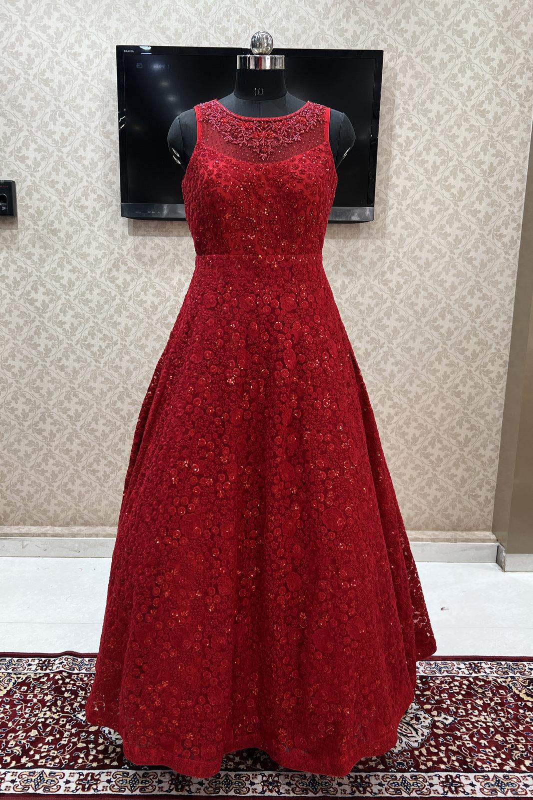 Red Lucknowi Thread, Sequins and Beads work Partywear Gown - Seasons Chennai