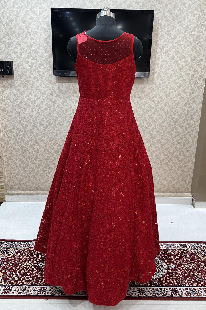 Red Lucknowi Thread, Sequins and Beads work Partywear Gown - Seasons Chennai