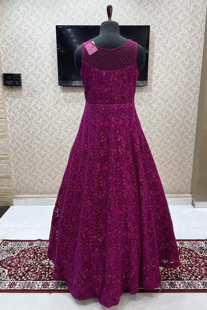 Magenta Lucknowi Thread, Sequins and Beads work Partywear Gown - Seasons Chennai