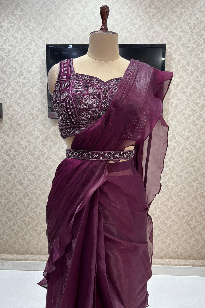 Wine Readymade Saree and Readymade Sequins and Beads work Designer Blouse - Seasons Chennai