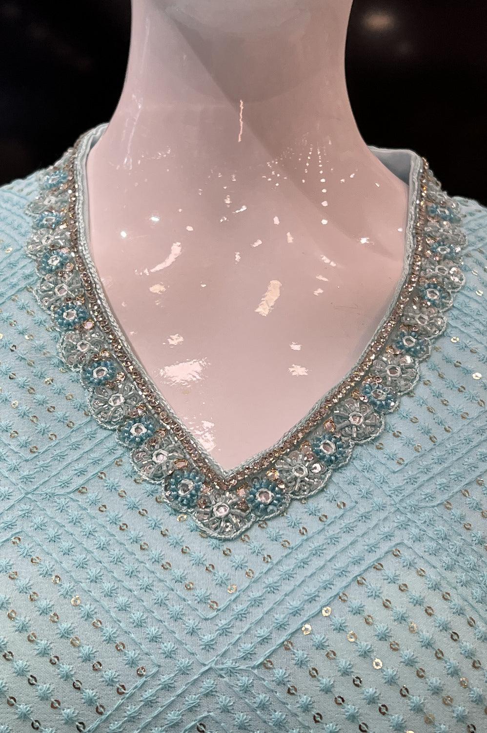 Sky Blue Stone, Pearl, Beads, Sequins and Thread work Sharara Salwar Suit - Seasons Chennai