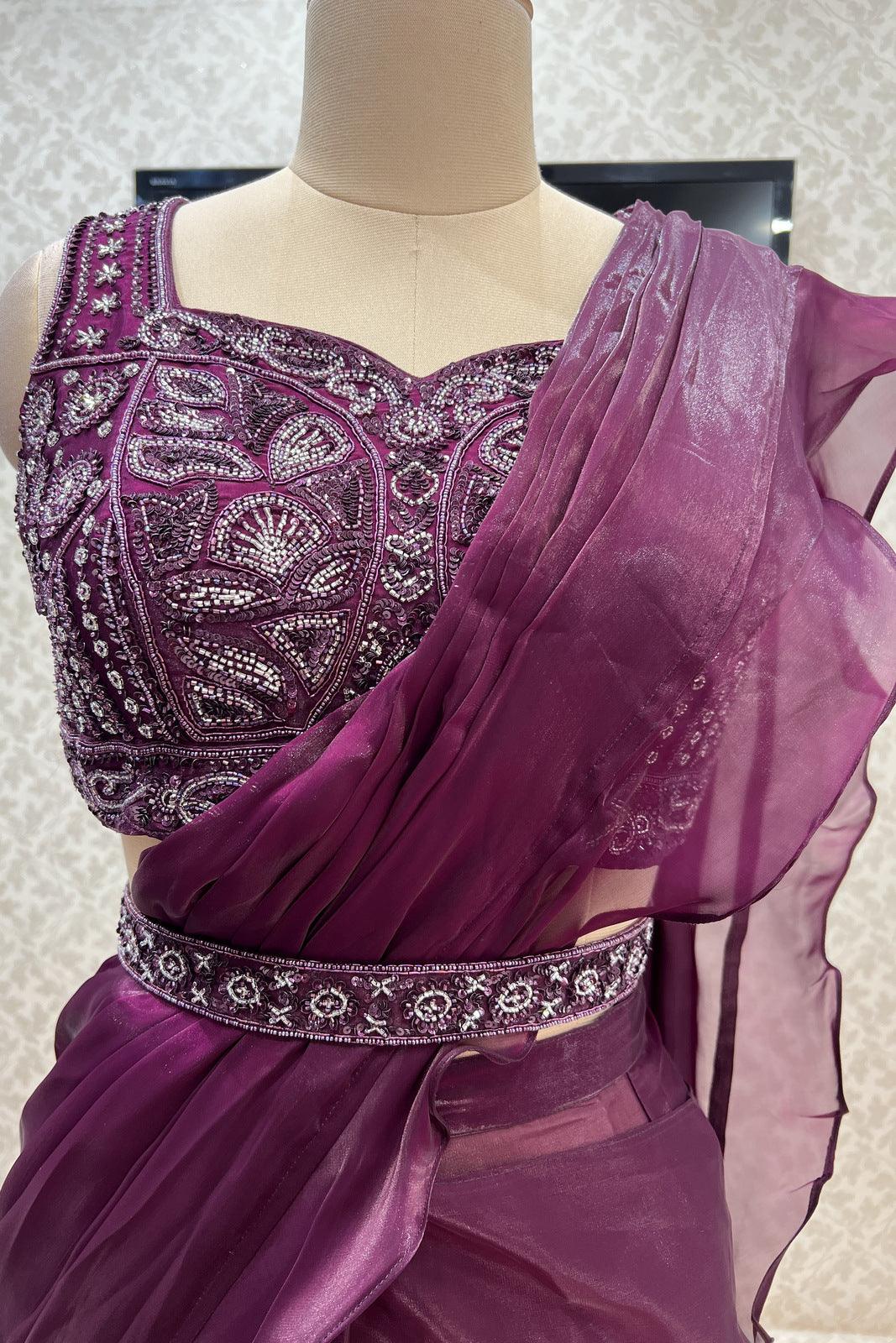 Wine Readymade Saree and Readymade Sequins and Beads work Designer Blouse - Seasons Chennai