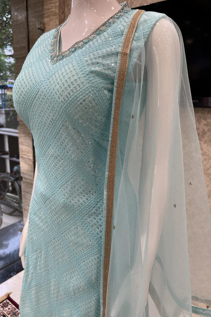 Sky Blue Stone, Pearl, Beads, Sequins and Thread work Sharara Salwar Suit - Seasons Chennai