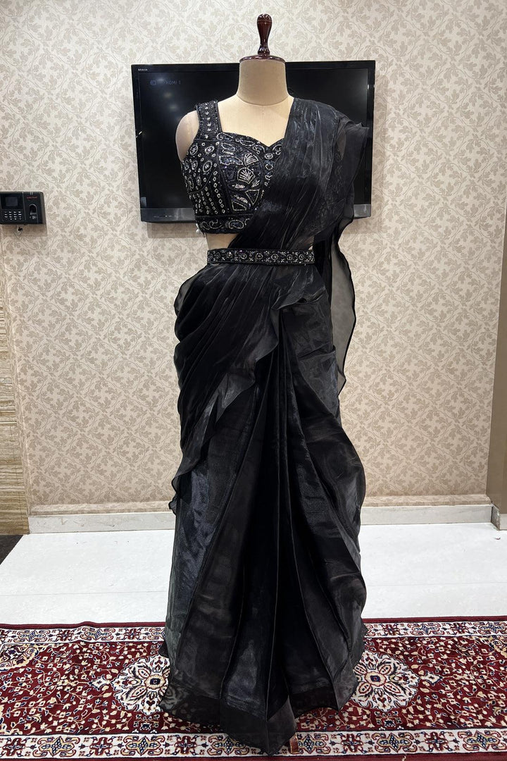Black Readymade Saree and Readymade Sequins and Beads work Designer Blouse - Seasons Chennai