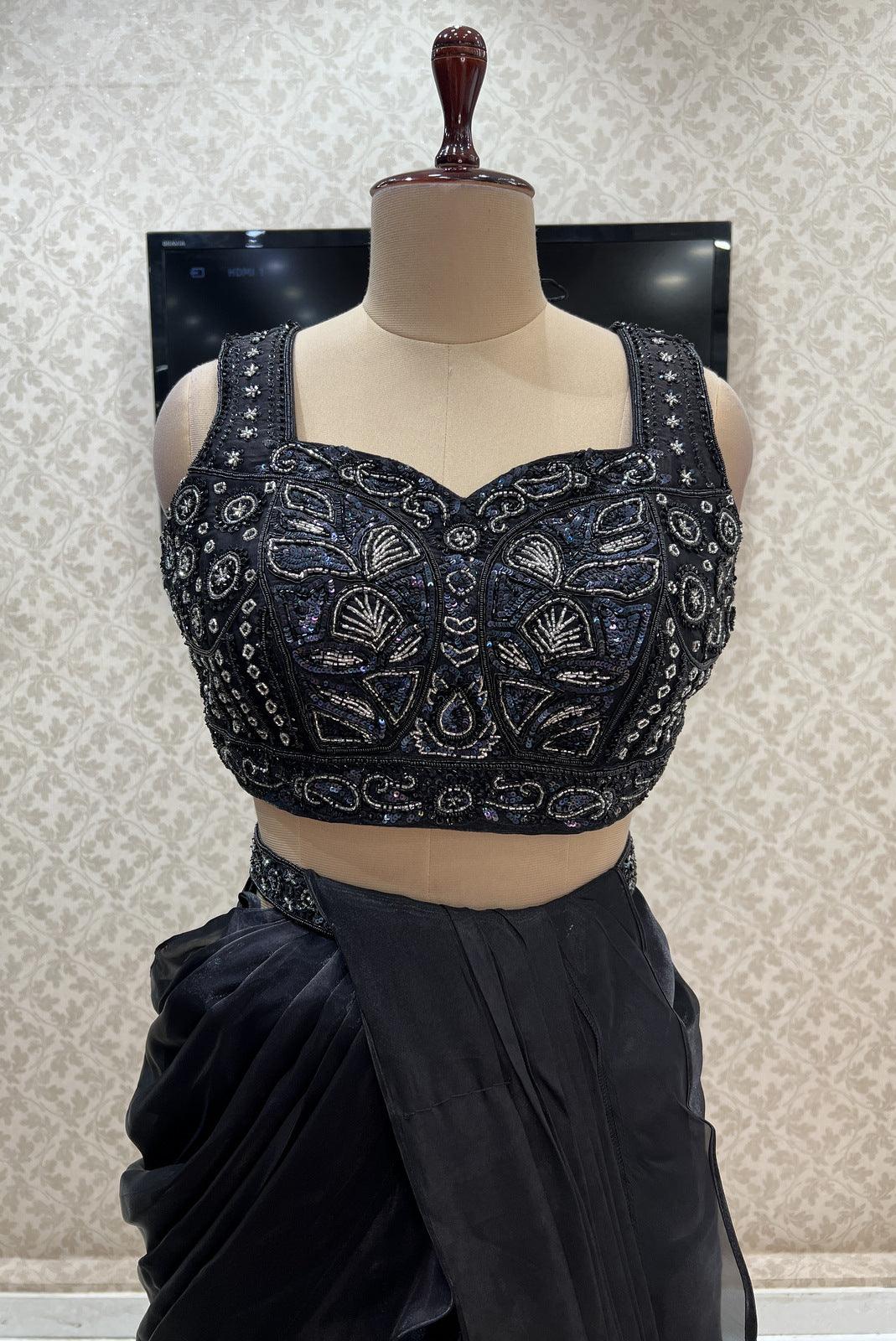 Black Readymade Saree and Readymade Sequins and Beads work Designer Blouse - Seasons Chennai