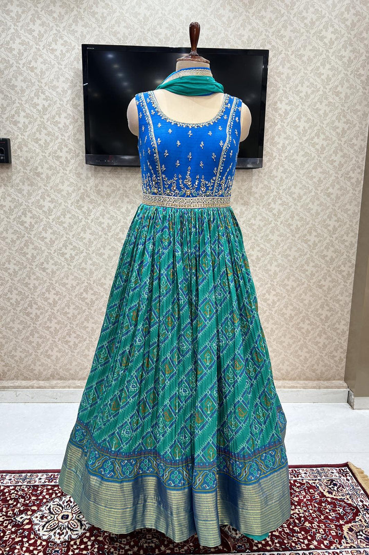 Royal Blue with Green Patola Print, Mirror, Zardozi and Pearl work Floor Length Anarkali Suit - Seasons Chennai