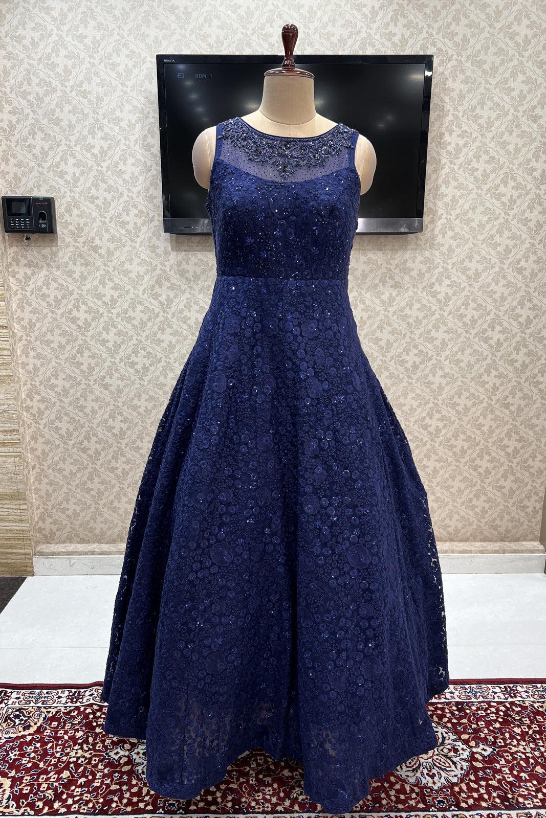 Navy Blue Lucknowi Thread, Sequins and Beads work Partywear Gown - Seasons Chennai