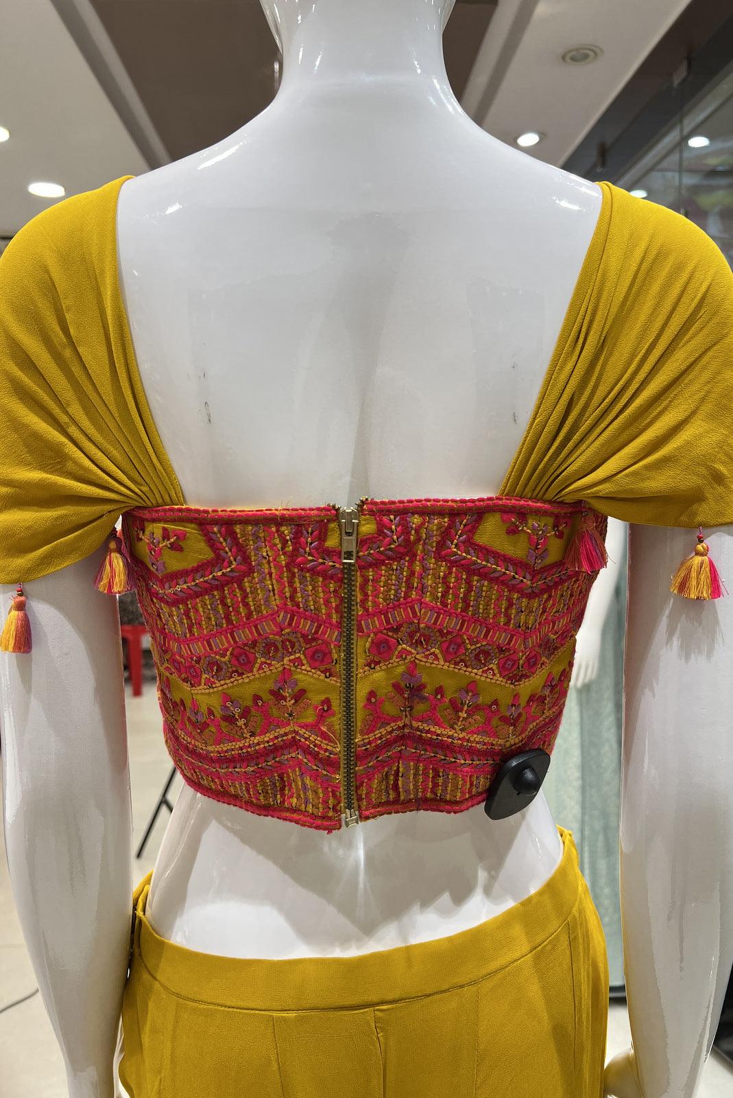 Yellow Stone, Beads and Multicolor Thread work Crop Top with Palazzo Pant - Seasons Chennai