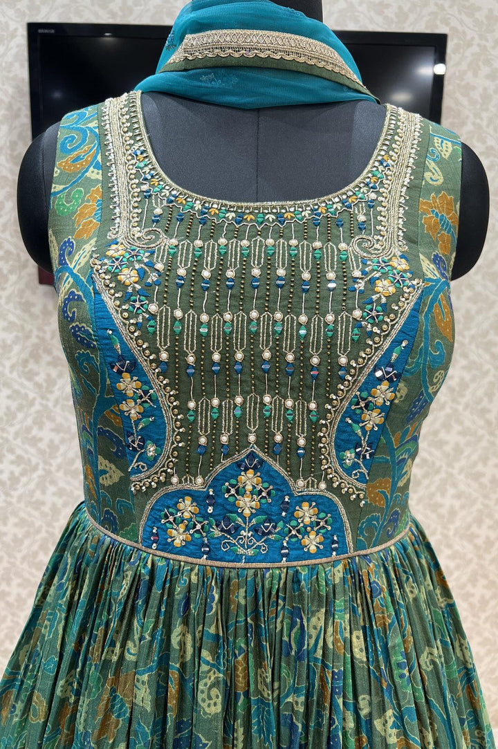 Green Zardozi, Pearl and Mirror work with Kalamkari Print Floor Length Anarkali Suit - Seasons Chennai