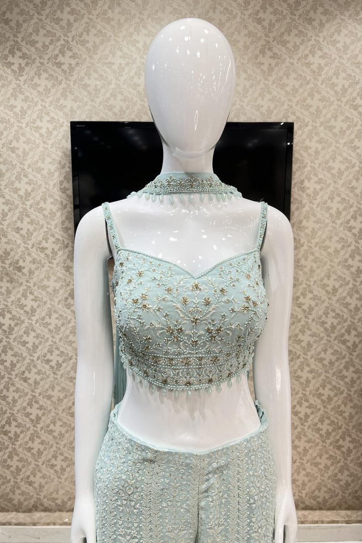Sky Blue Thread, Beads and Stone work Crop Top with Palazzo Pant - Seasons Chennai