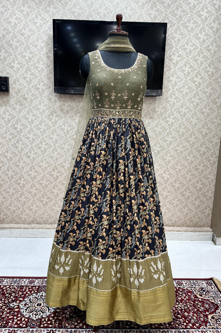 Olive Green with Black Kalamkari Print, Mirror and Zardozi work Floor Length Anarkali Suit - Seasons Chennai