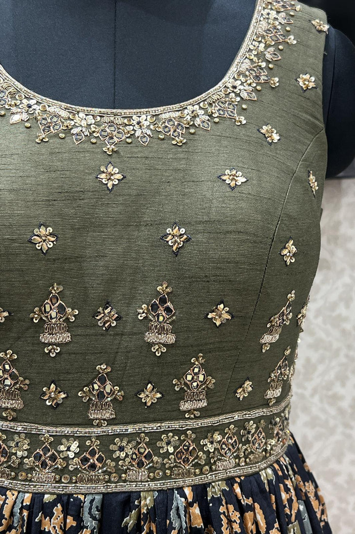 Olive Green with Black Kalamkari Print, Mirror and Zardozi work Floor Length Anarkali Suit - Seasons Chennai