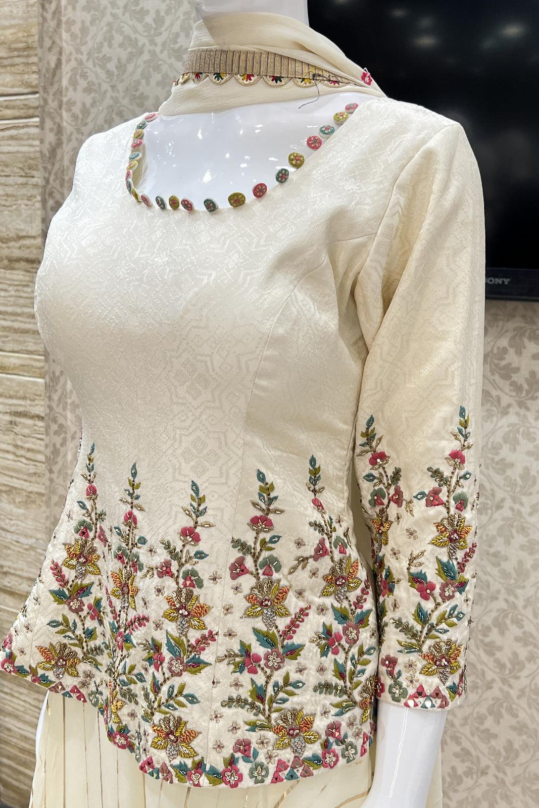 Cream Embroidery, Sequins and Beads work with Zari Weaving Palazzo Salwar Suit - Seasons Chennai
