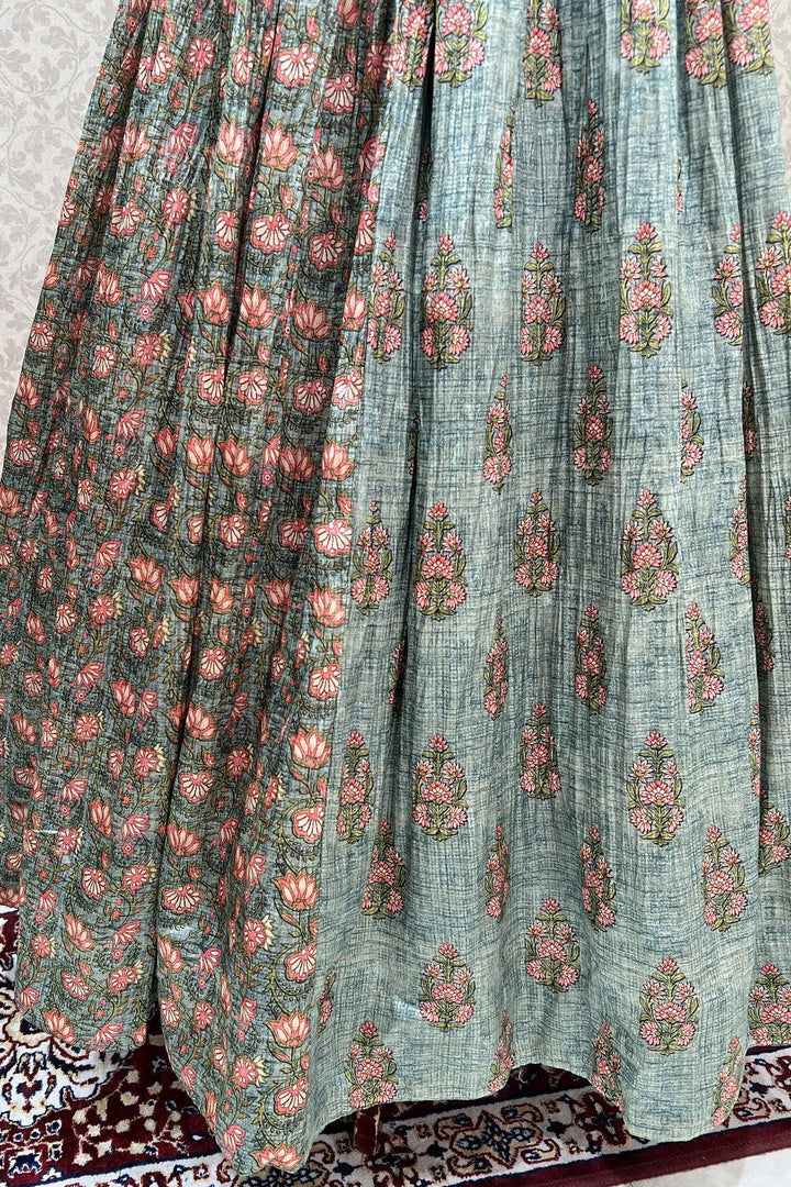 Green Beads, Mirror and Zardozi work with Floral Print Floor Length Anarkali Suit - Seasons Chennai