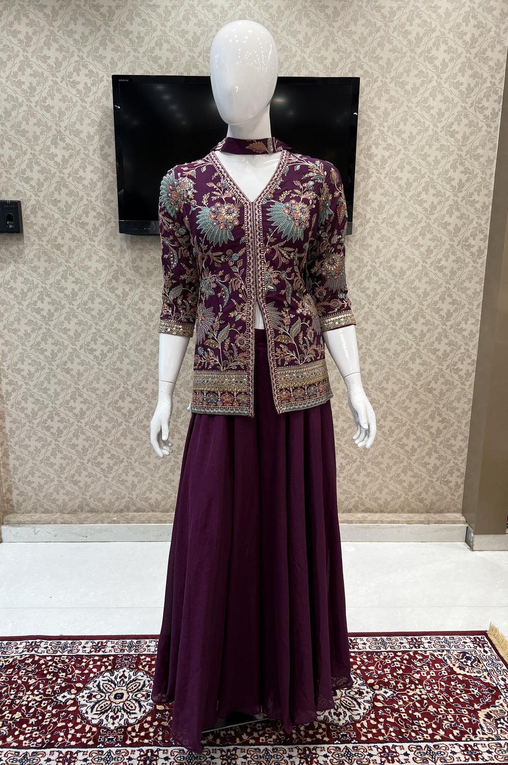 Wine Multicolor Embroidery, Zari and Sequins work Palazzo Salwar Suit - Seasons Chennai