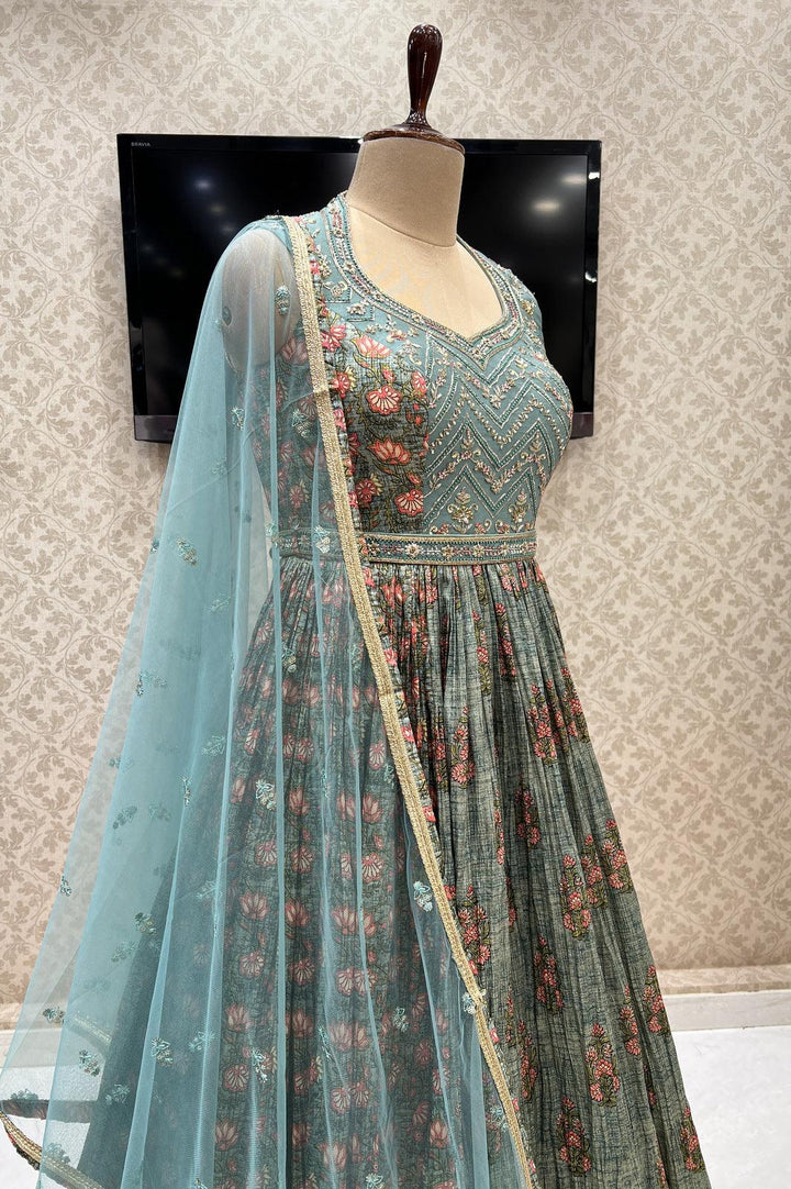 Green Beads, Mirror and Zardozi work with Floral Print Floor Length Anarkali Suit - Seasons Chennai