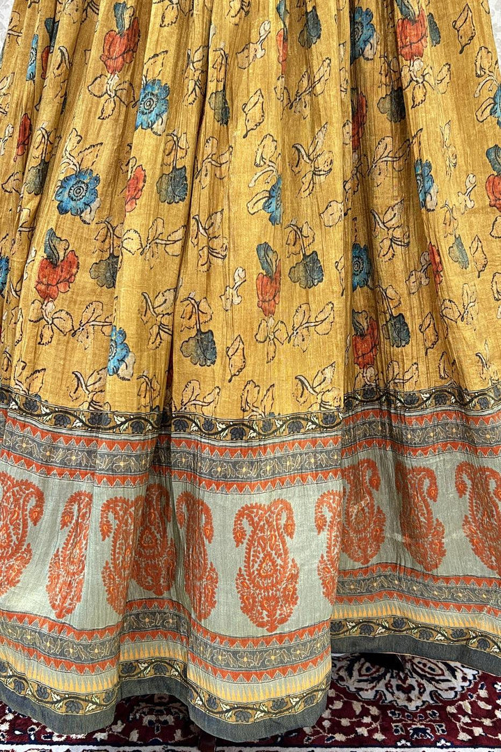 Yellow Zardozi, Mirror and Kundan work with Kalamkari Print Floor Length Anarkali Suit - Seasons Chennai