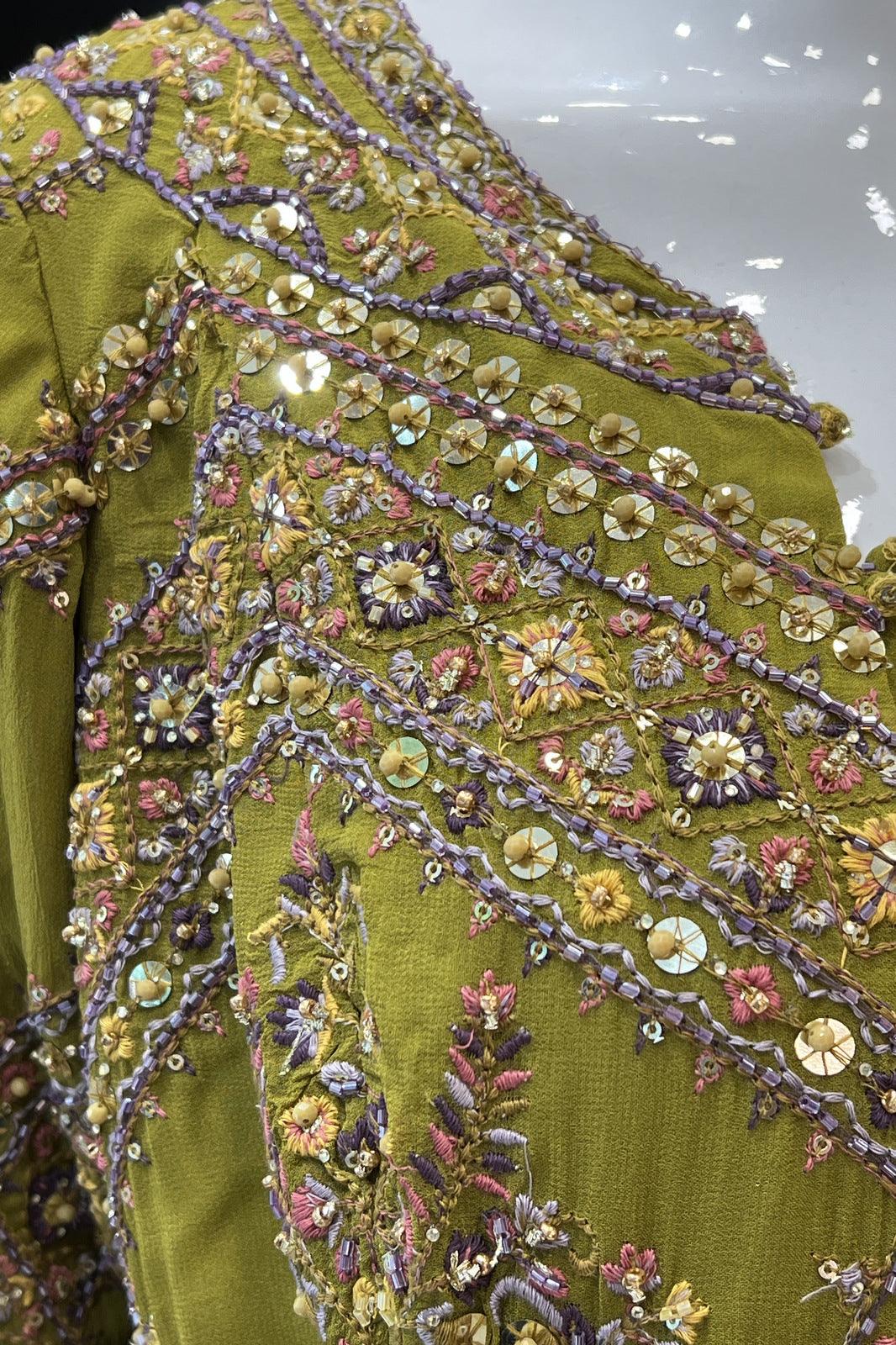 Green Multicolor Thread, Beads, Sequins and Stone work Overcoat Styled Palazzo Suit Set - Seasons Chennai