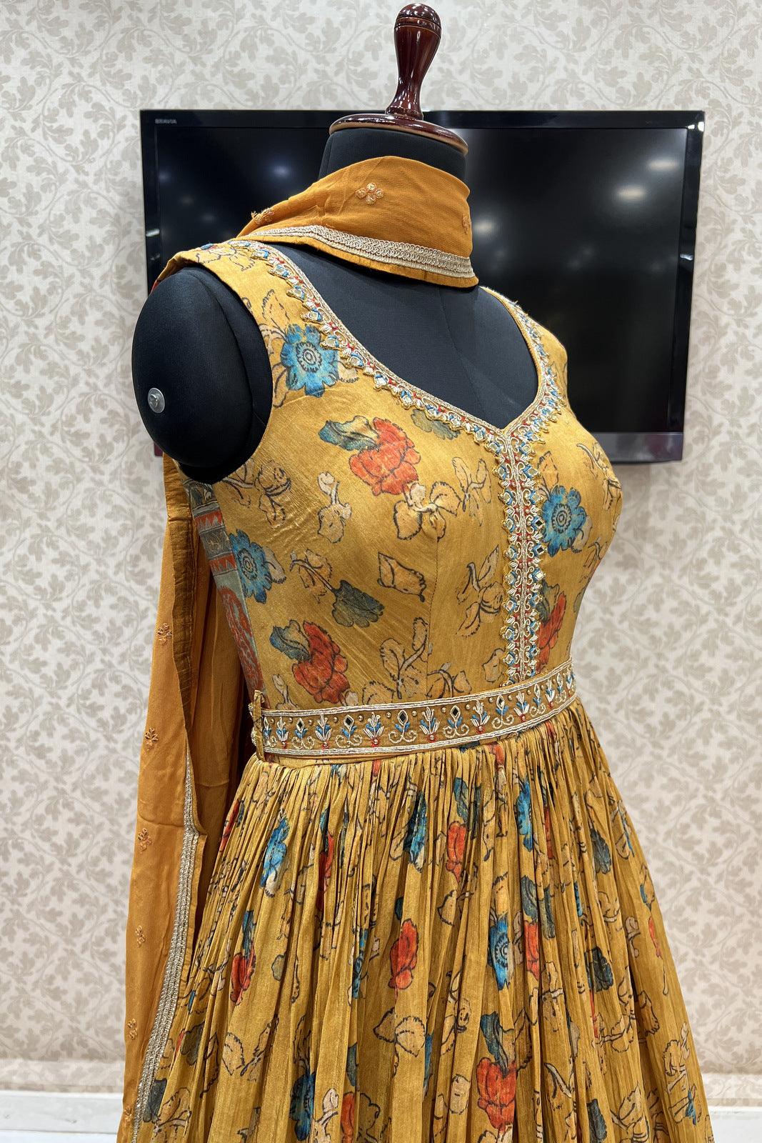 Yellow Zardozi, Mirror and Kundan work with Kalamkari Print Floor Length Anarkali Suit - Seasons Chennai