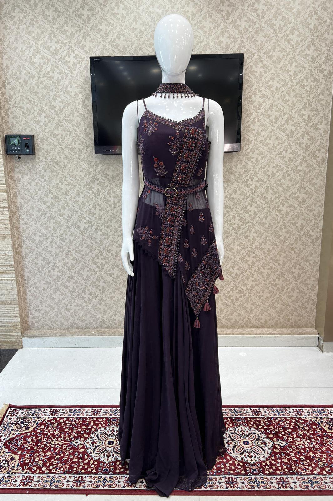 Wine Embroidery and Sequins work Palazzo Suit Set with Belt - Seasons Chennai